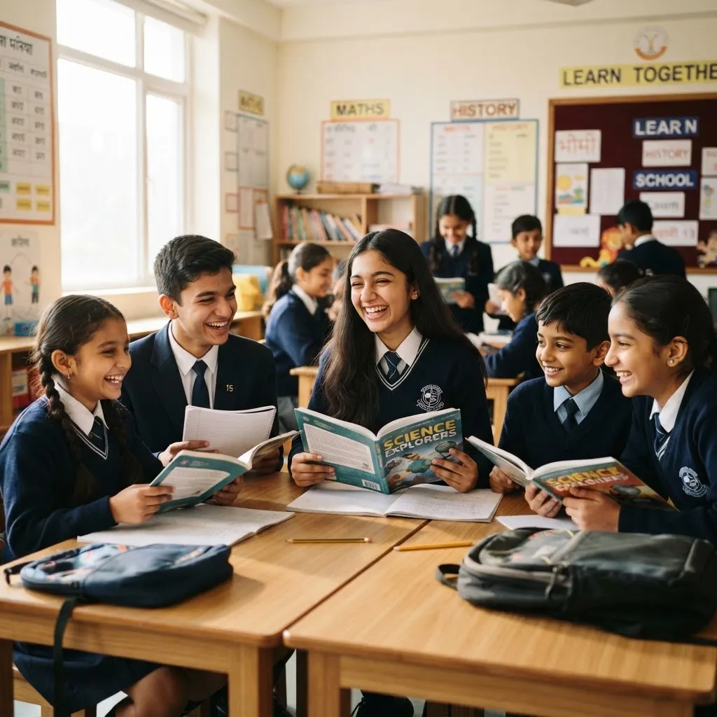 Smiling students of K.P.Y. Jansahyogi Inter College in a bright classroom